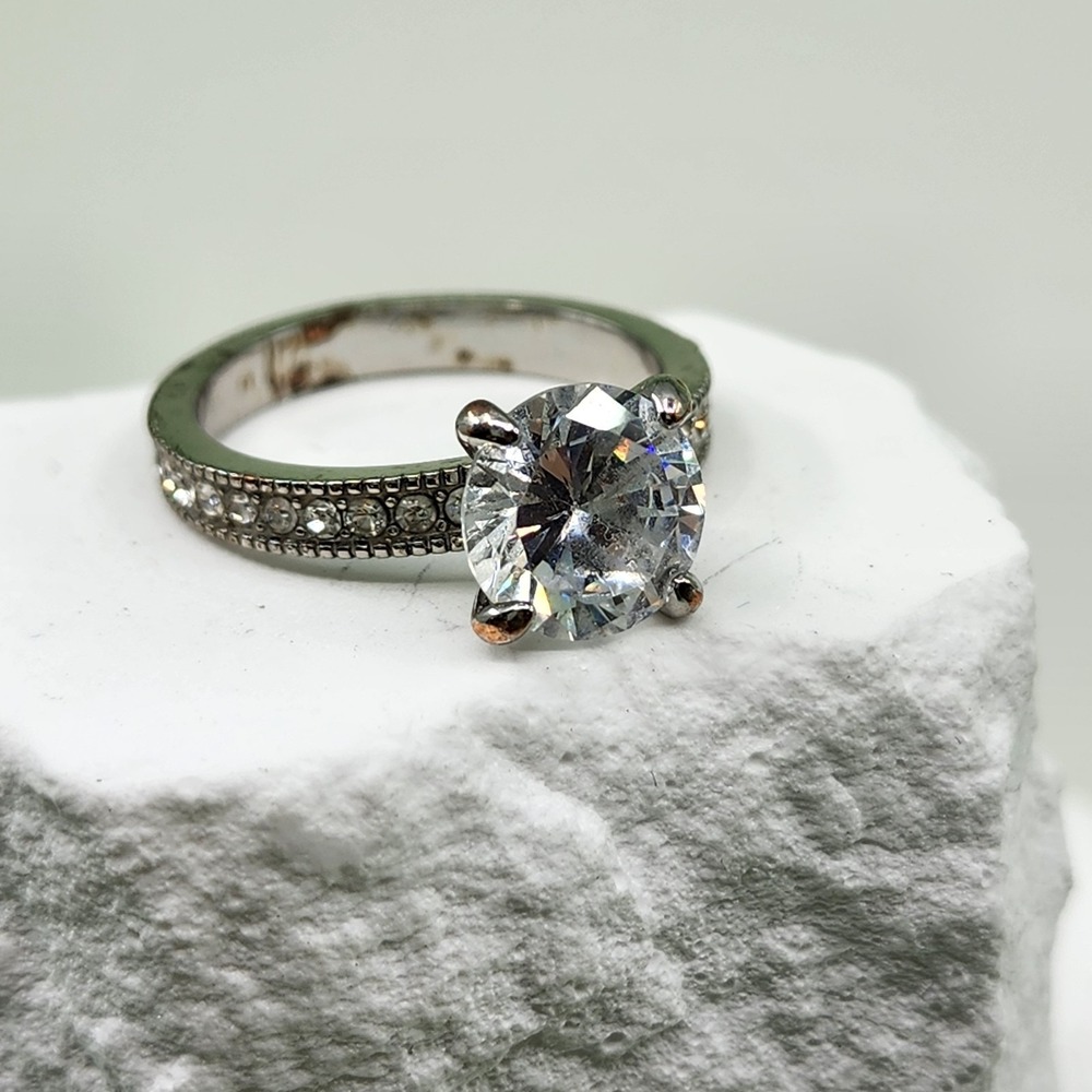 Clear Oval Crystal Silver Tone Ring Pave Rhinestone Bridal Cocktail Gift Size 7